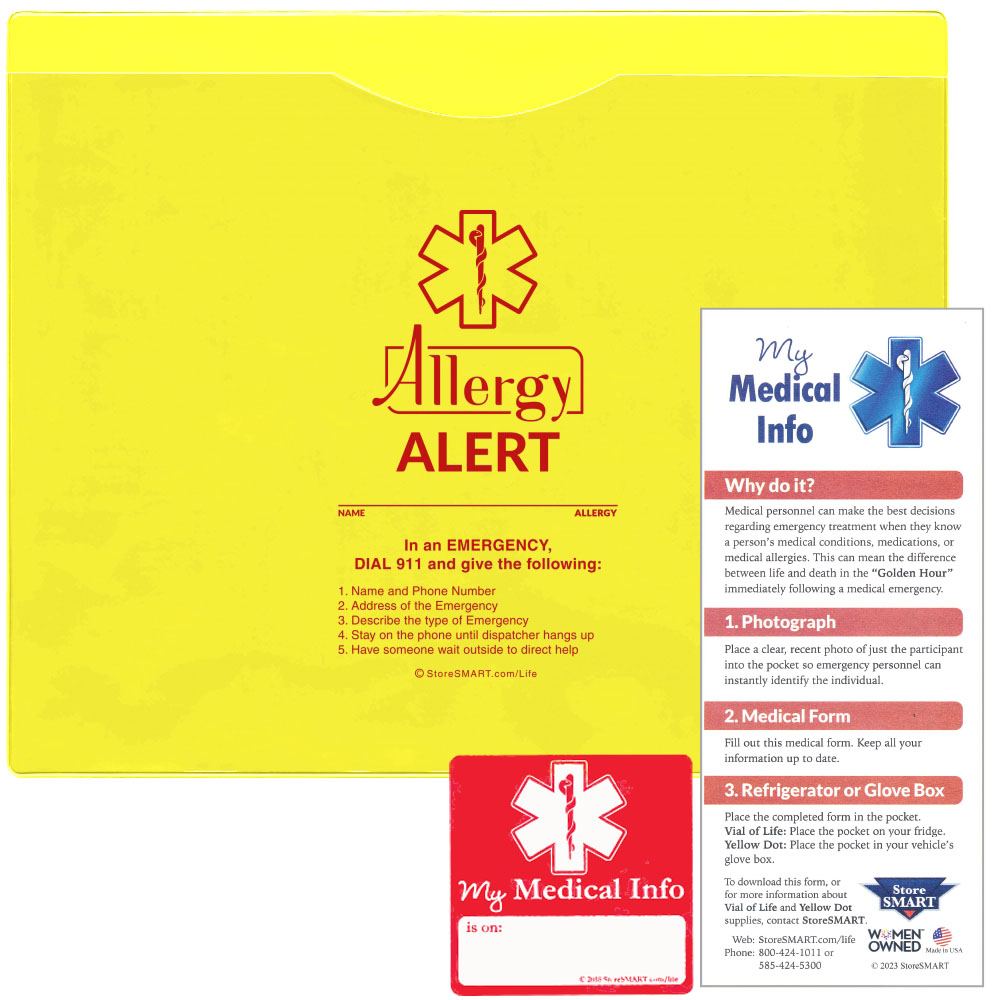 Vial of Life - Allergy Alert - 9" x 11" Medical Info Pocket - Magnetic Back W/ Med. Form & Sticker
