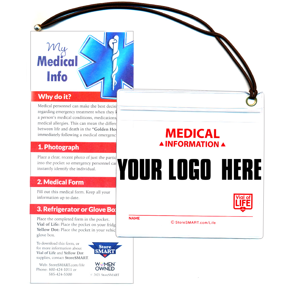 Vial Of Life - CUSTOM PRINT - Zip Top 5" x 5" Medical Info Hanging PCKT & 9" Elastic Loop