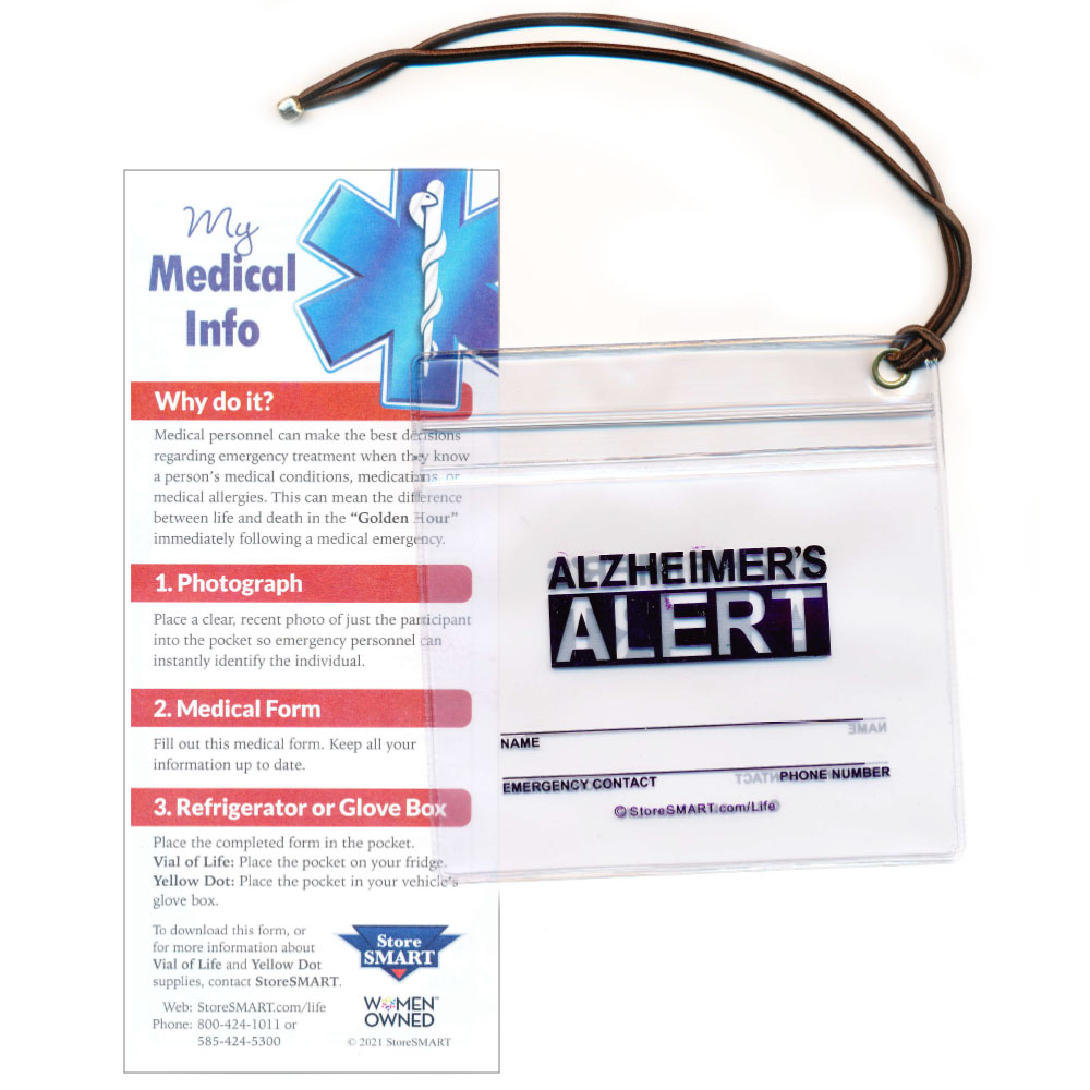 Vial Of Life - Alzheimer Alert - Zip Top 5" x 5" Medical Info Pocket With 9" Elastic Loop