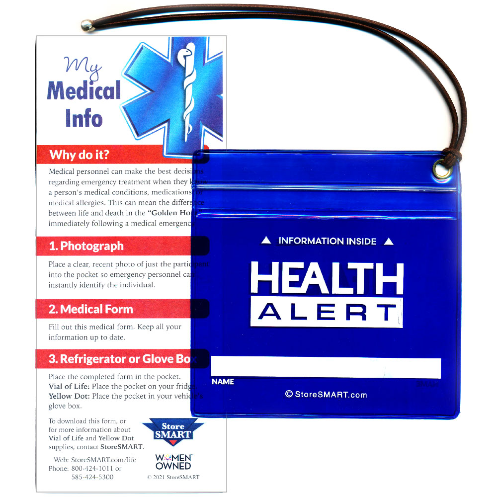 Vial Of Life - Health Alert - Zip Top 5" x 5" Medical Info Hanging Pocket With 9" Elastic Loop