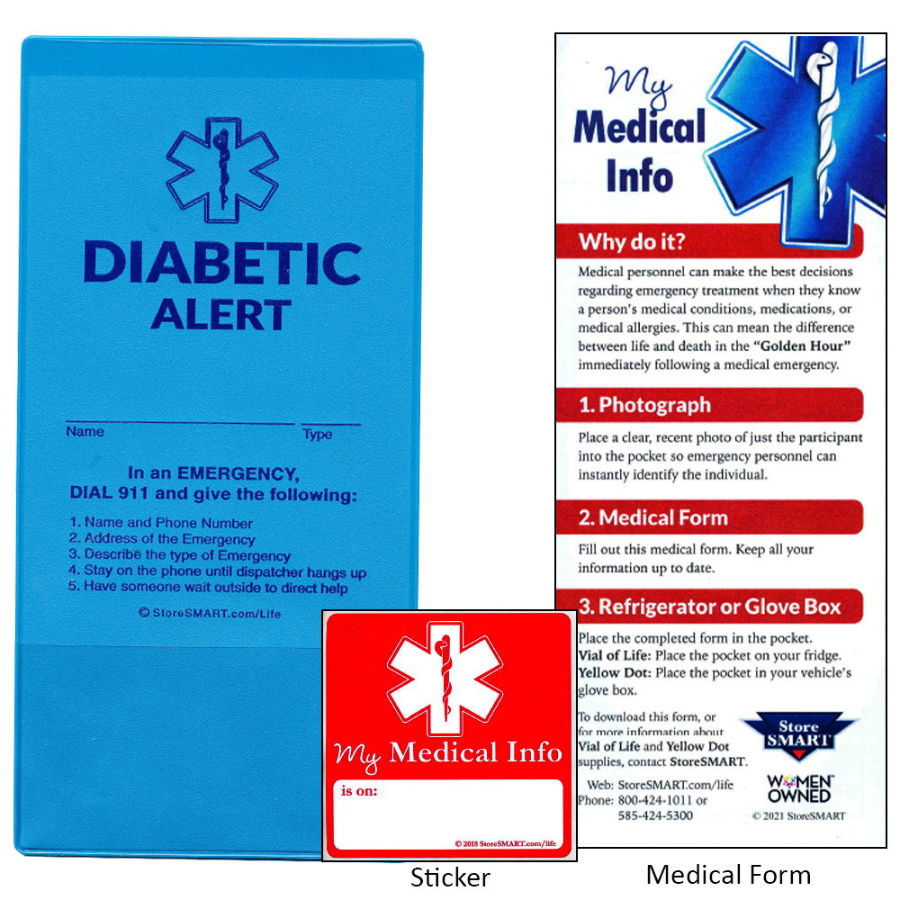Vial Of Life - Diabetic Alert - 4" x 9" Medical Info Vinyl PCKT-Magnetic Back W/ Med. Form & Sticker