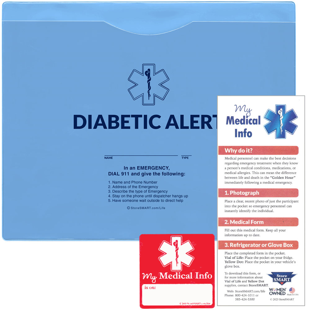 Vial of Life - Diabetic Alert - 9" x 11" Medical Info Pocket - Magnetic Back W/ Med. Form & Sticker
