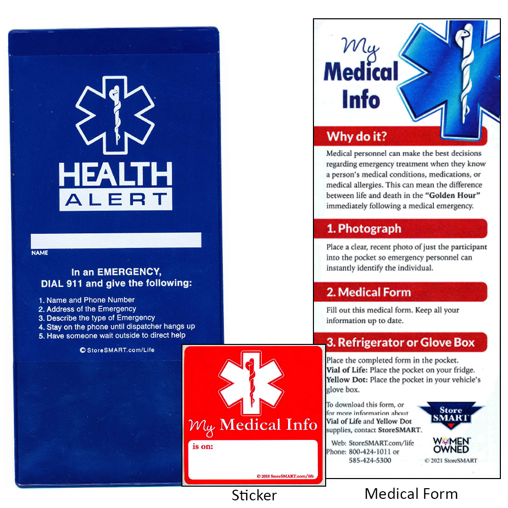 Vial Of Life - Health Alert – 4" x 9" Medical Info Vinyl PCKT-Magnetic Back W/ Med. Form & Sticker