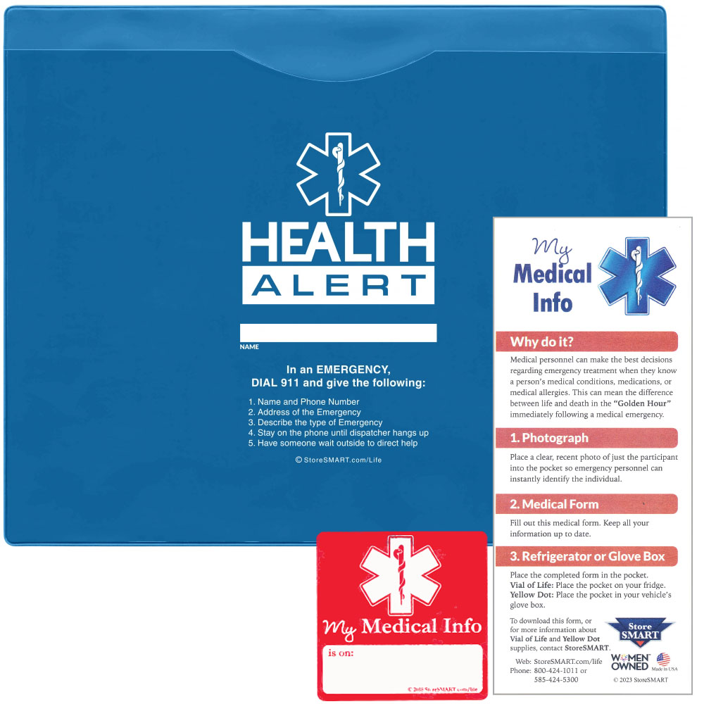 Vial of Life - Health Alert - 9" x 11" Medical Info Pocket - Magnetic Back W/ Medical Form & Sticker