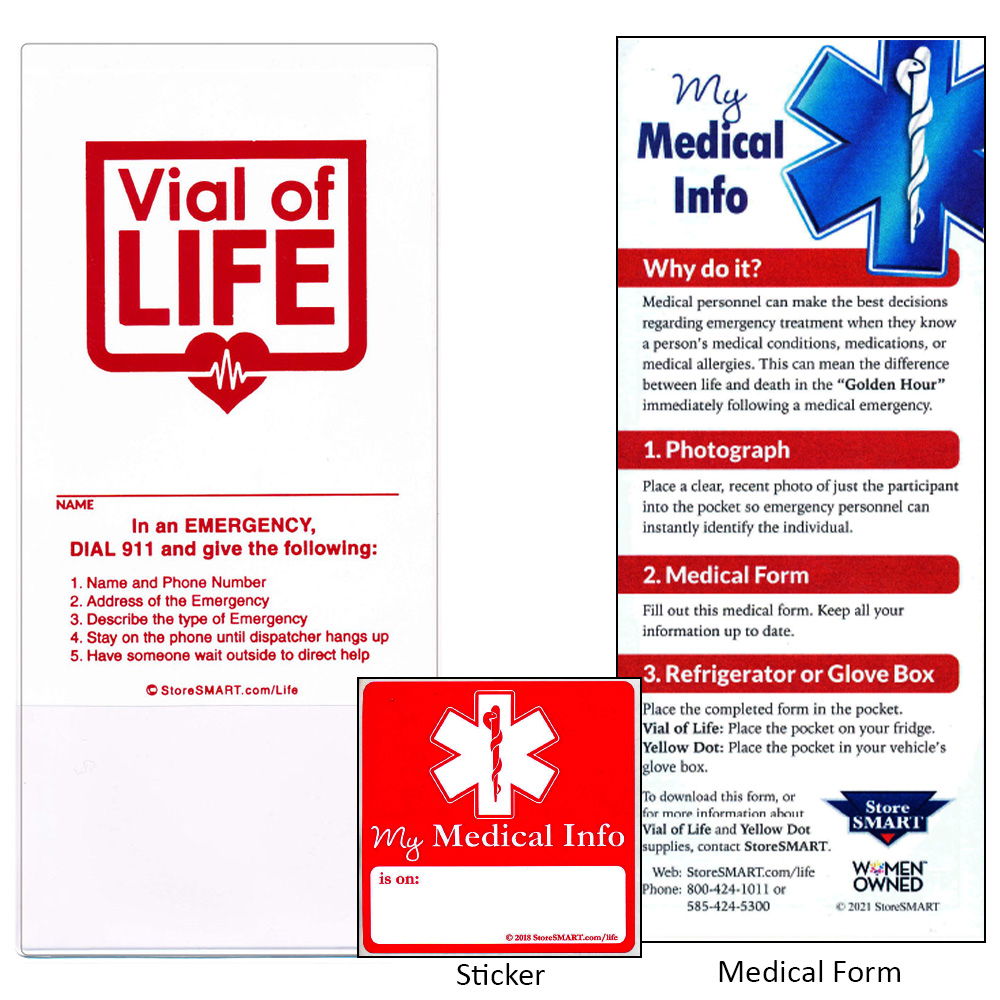 Vial Of Life - Life Pro - 4" x 9" Medical Info Vinyl Pocket - Magnetic Back W/ Med. Form & Sticker