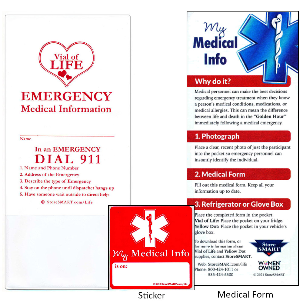 Vial Of Life - Standard 4" x 9" Medical Info Vinyl Pocket - Magnetic Back W/ Medical Form & Sticker