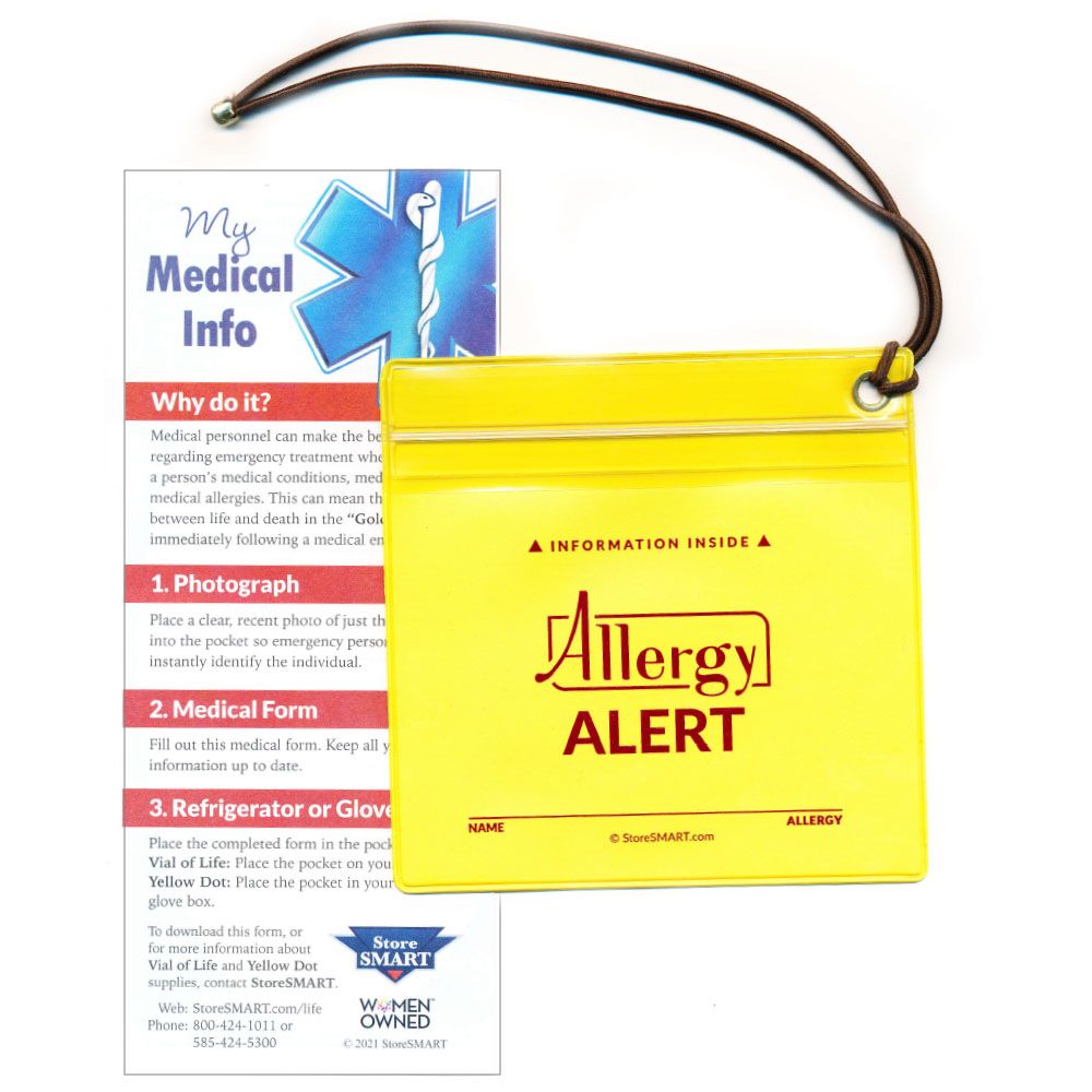 Vial Of Life - Allergy Alert - Zip Top 5" x 5" Medical Info Hanging Pocket With 9" Elastic Loop