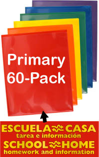 School / Home Plastic Folders - 60-Pack - 10 each Primary Colors - English/Spanish