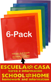 School / Home Plastic Folders - Primary Colors 6-Pack - English/Spanish