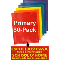 School / Home Plastic Folders - Primary Colors 30-Pack - English/Spanish
