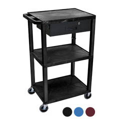42" tall A/V Cart - 3 Shelves, Drawer - Black Legs