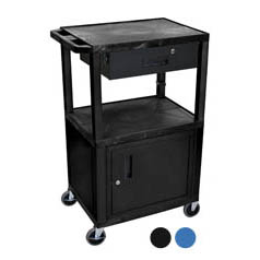 42" tall A/V Cart - 3 Shelves, Cabinet, Drawer - Black Legs
