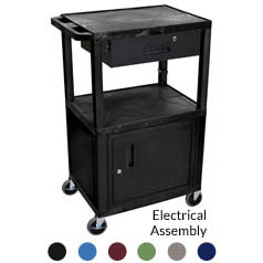 42" tall A/V Cart - 3 Shelves, Cabinet, Drawer, Electric - Black Legs