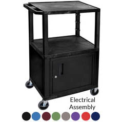 42" tall A/V Cart - 3 Shelves, Cabinet, Electric - Black Legs