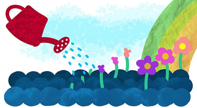 Watering can watering flowers with a rainbow