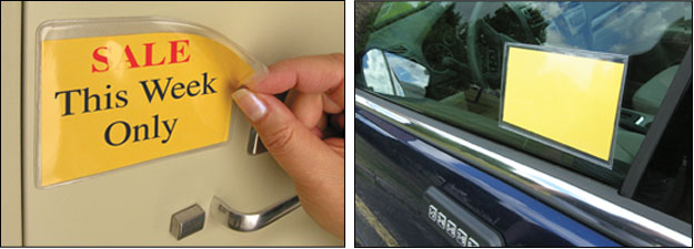 Adhesive pocket on a file cabinet. Another pocket on a car window.