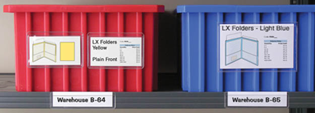 Bins and shelves with adhesive pockets, with labels inside the pockets.