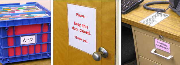 A milk crate with files inside, with an adhesive pocket on front with the label A through D inside. A door with a sign inside an adhesive pocket. The sign reads: Please keep this door closed. A desk with two pockets with a phone list anda drawer label.